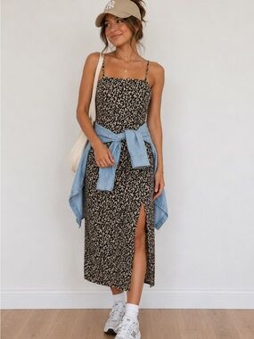 Zara Leopard-Print Slip Midi Dress - Beige/Black